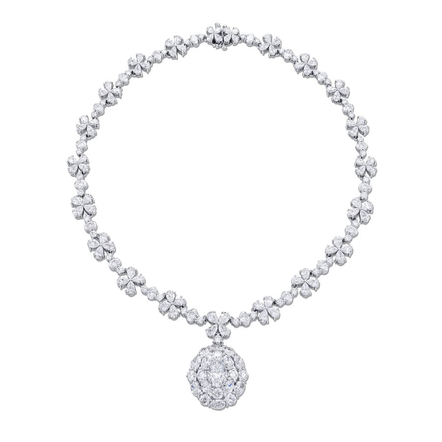Platinum Pear-Shaped and Oval Diamond Certified Floral Necklace