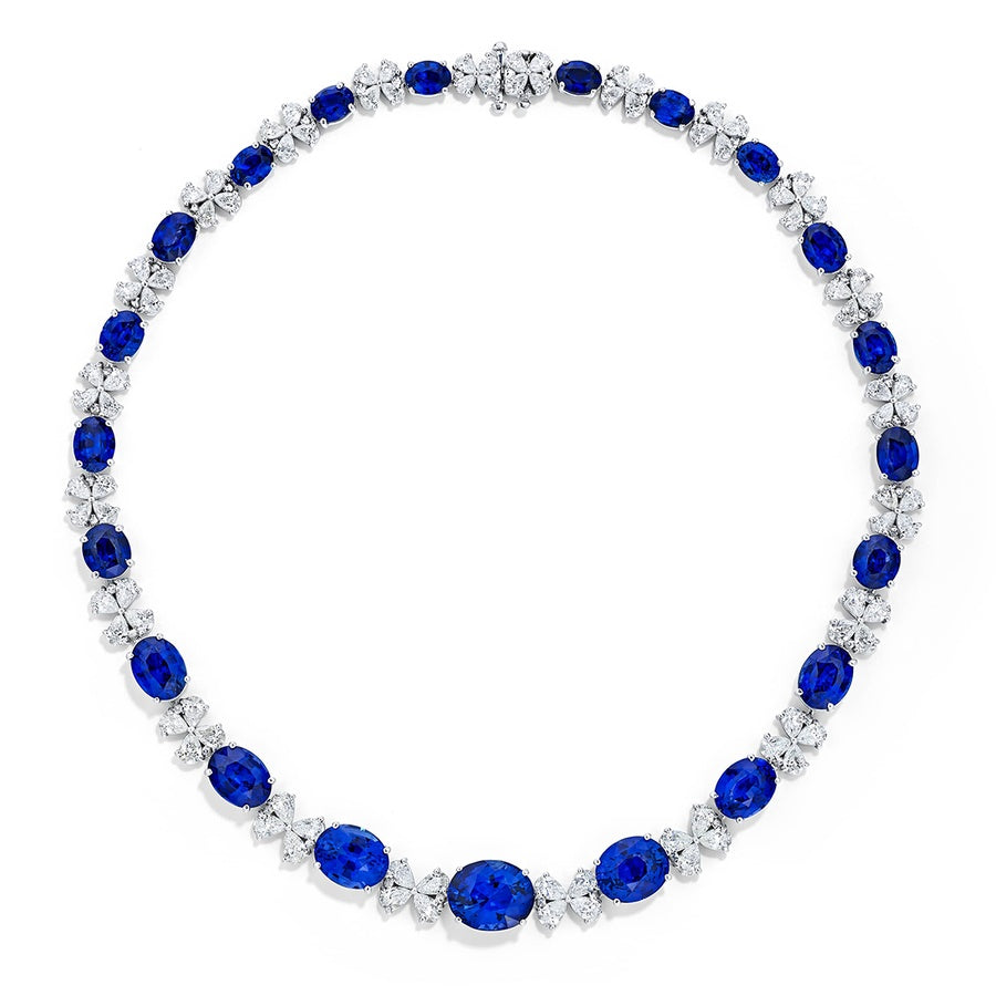 Platinum Oval Sapphire and Diamond Certified Floral Necklace