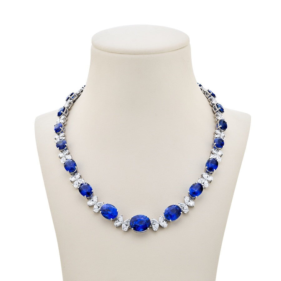 Platinum Oval Sapphire and Diamond Certified Floral Necklace