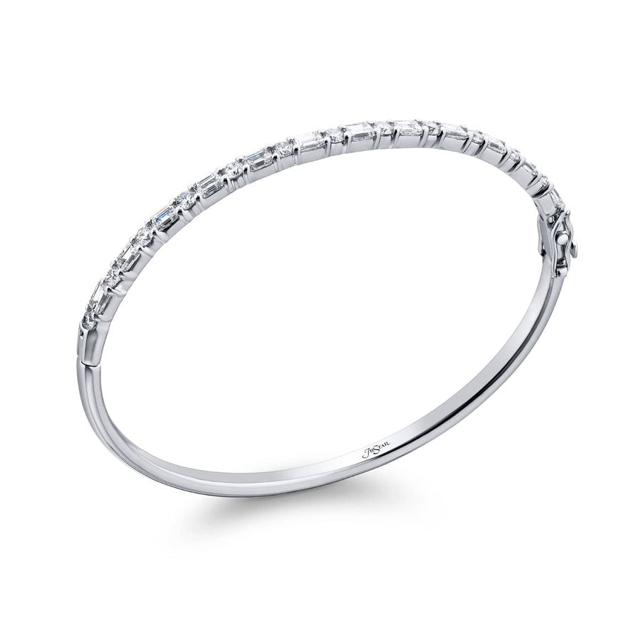 18K White Gold Emerald-Cut and Round Diamond Bangle Bracelet