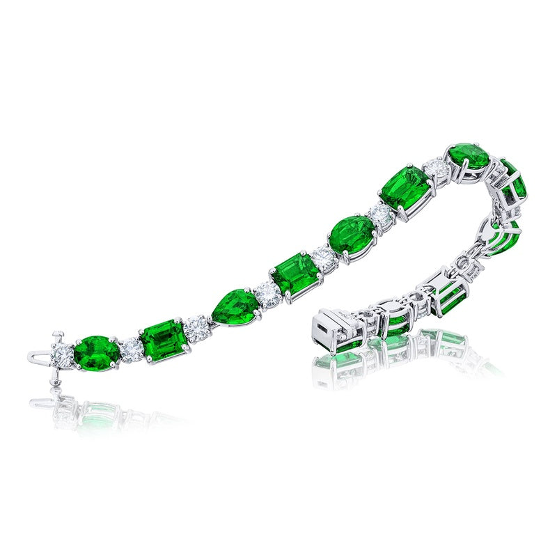 Platinum Emerald-Cut Pear-Shaped Oval and Cushion-Cut Emerald Bracelet
