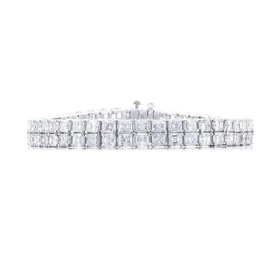 Platinum Square Emerald-Cut and Radiant-Cut Diamond Two-Row Bracelet