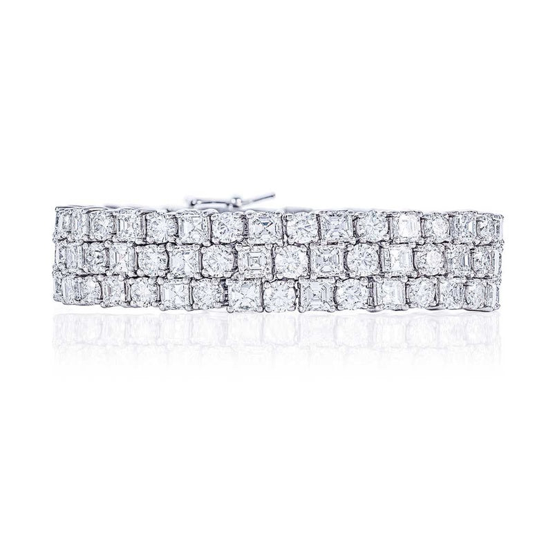 Platinum Round and Square Emerald-Cut Diamond Three Row Bracelet