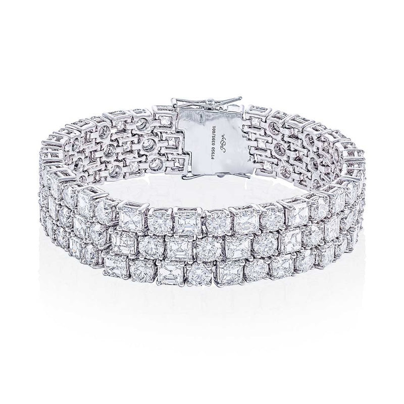 Platinum Round and Square Emerald-Cut Diamond Three Row Bracelet