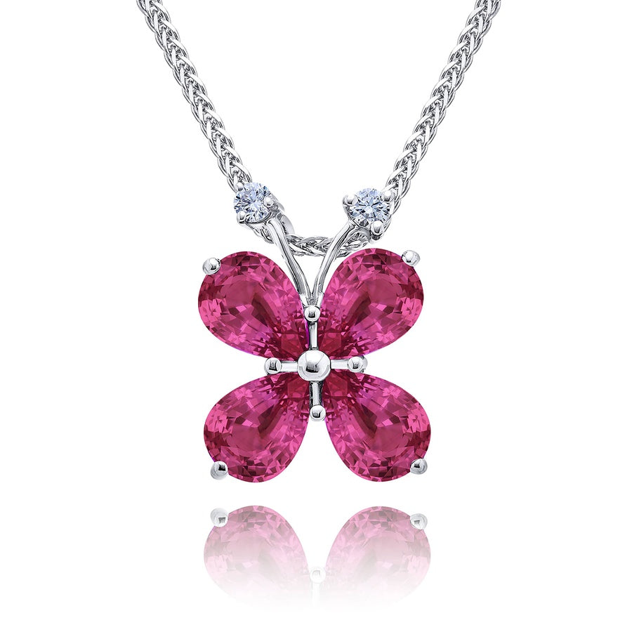 Platinum Pear-Shaped Pink Sapphire and Round Diamond Certified Butterfly Pendant