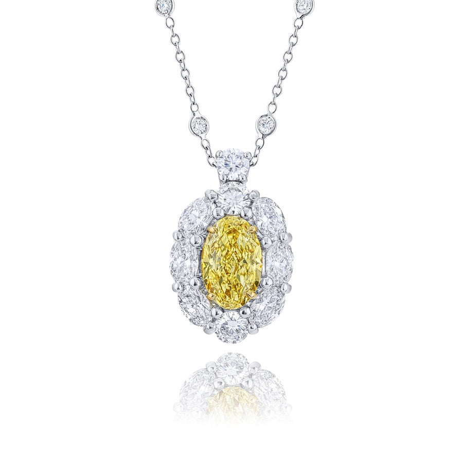 Platinum and 18K Yellow Gold Oval Fancy Yellow Diamond Certified Pendant
