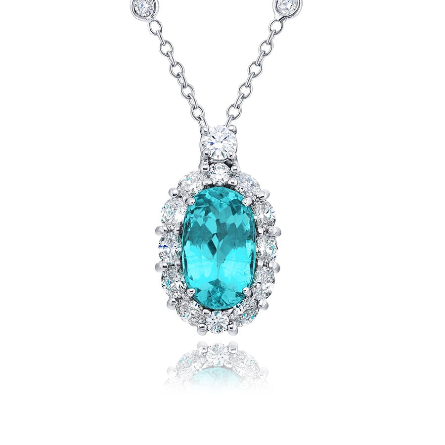 Exquisite Style: One-of-a-Kind 3.95 ct. Certified Encircled Paraiba Pendant Oval Paraiba with Round & Oval Diamonds in Pure Platinum