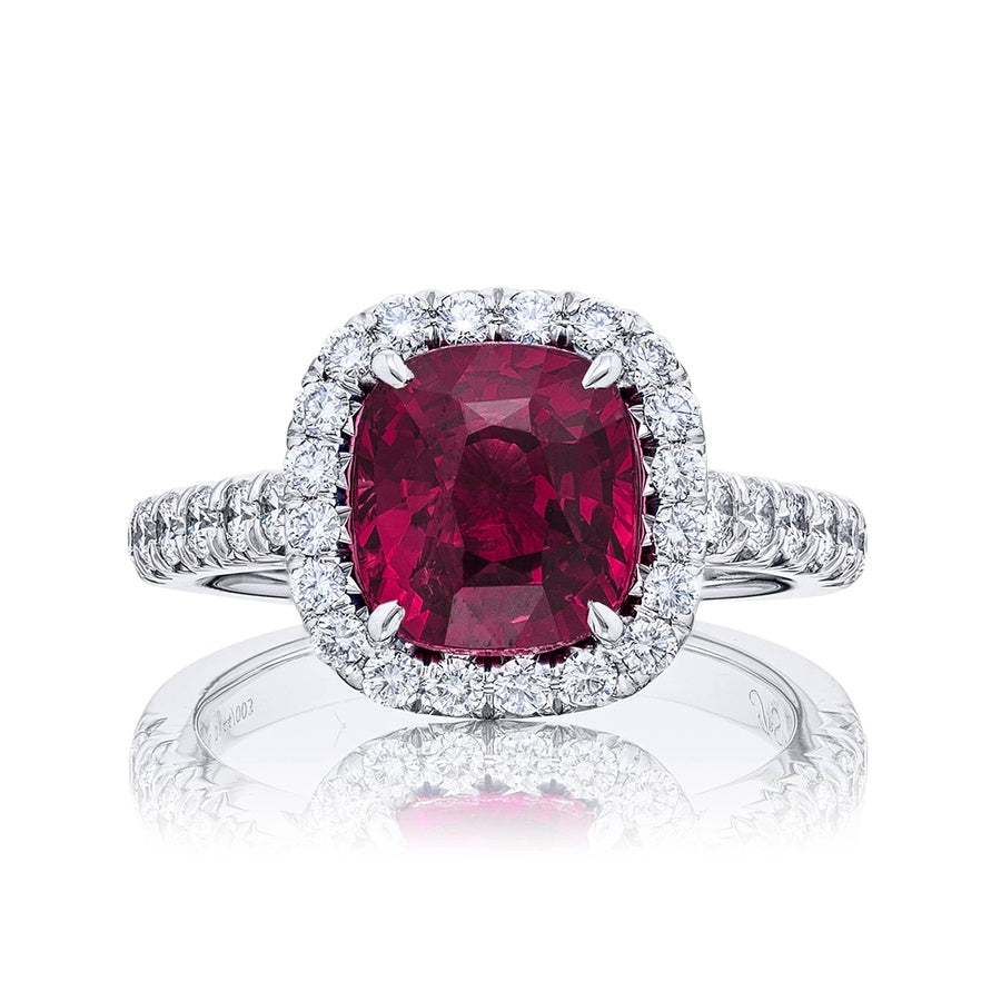 Platinum Cushion-Cut No-Heat Pink Sapphire Certified Micro Pave Ring