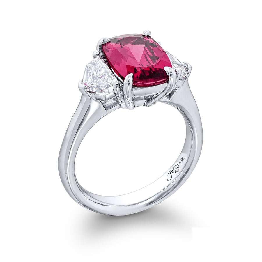 3.35 ct No-Heat Certified Pinkish-Red Spinel & Diamond Ring | Cushion-Cut Spinel with Epaulet Diamonds in Platinum | Breathtaking Radiance by Jb Star