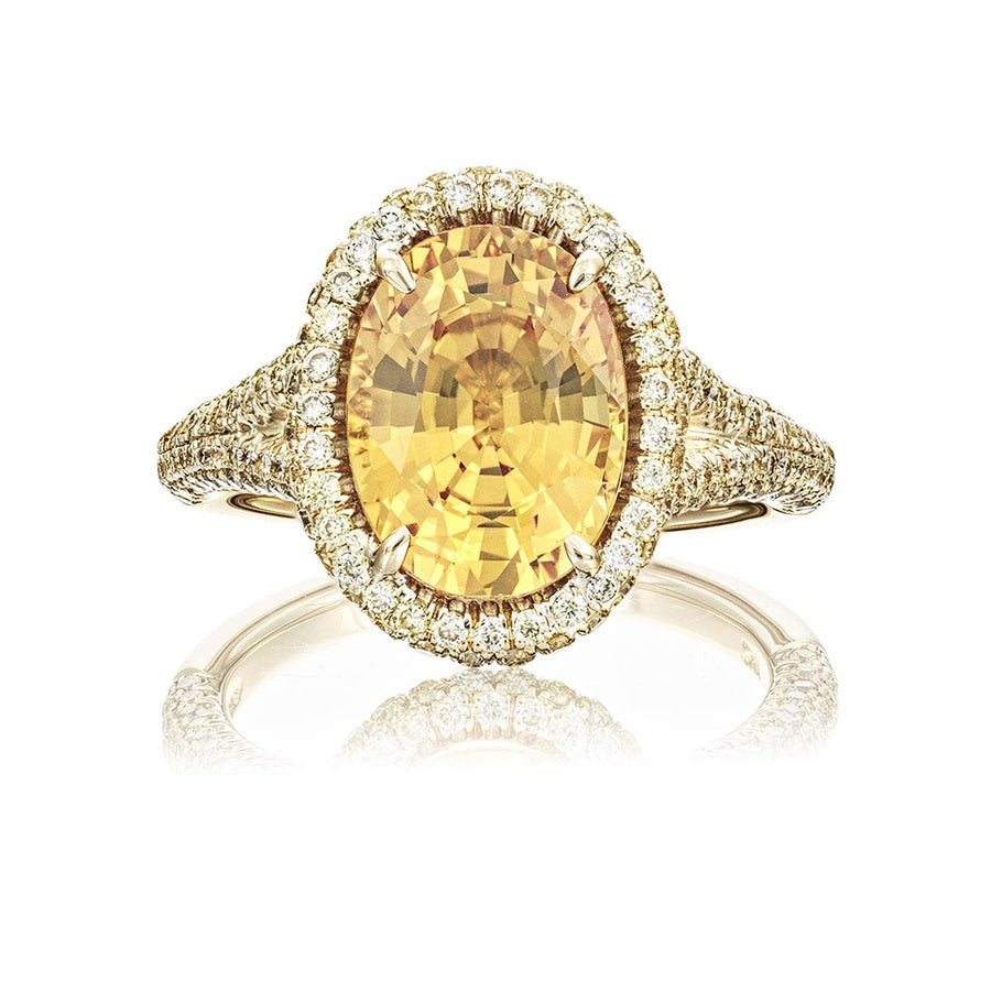 18K Yellow Gold Oval Sri Lankan Yellow Sapphire Certified Micro Pave Ring