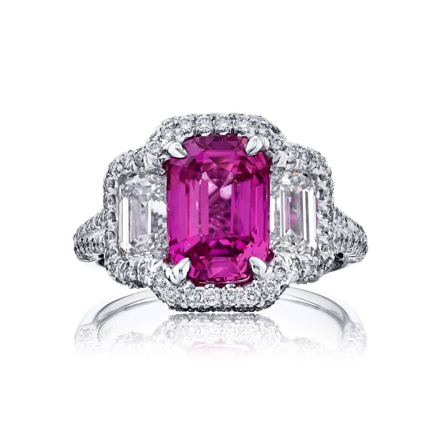 Platinum Emerald-Cut Pink Sapphire Certified Micro Pave Ring