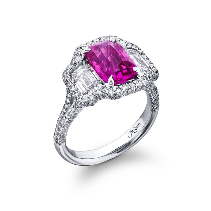 Platinum Emerald-Cut Pink Sapphire Certified Micro Pave Ring