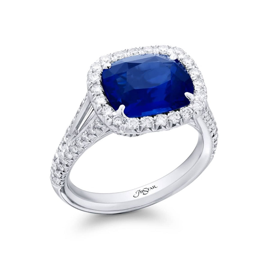 Platinum Cushion-Cut Sri Lankan Vivid Sapphire Certified Micro Pave Ring