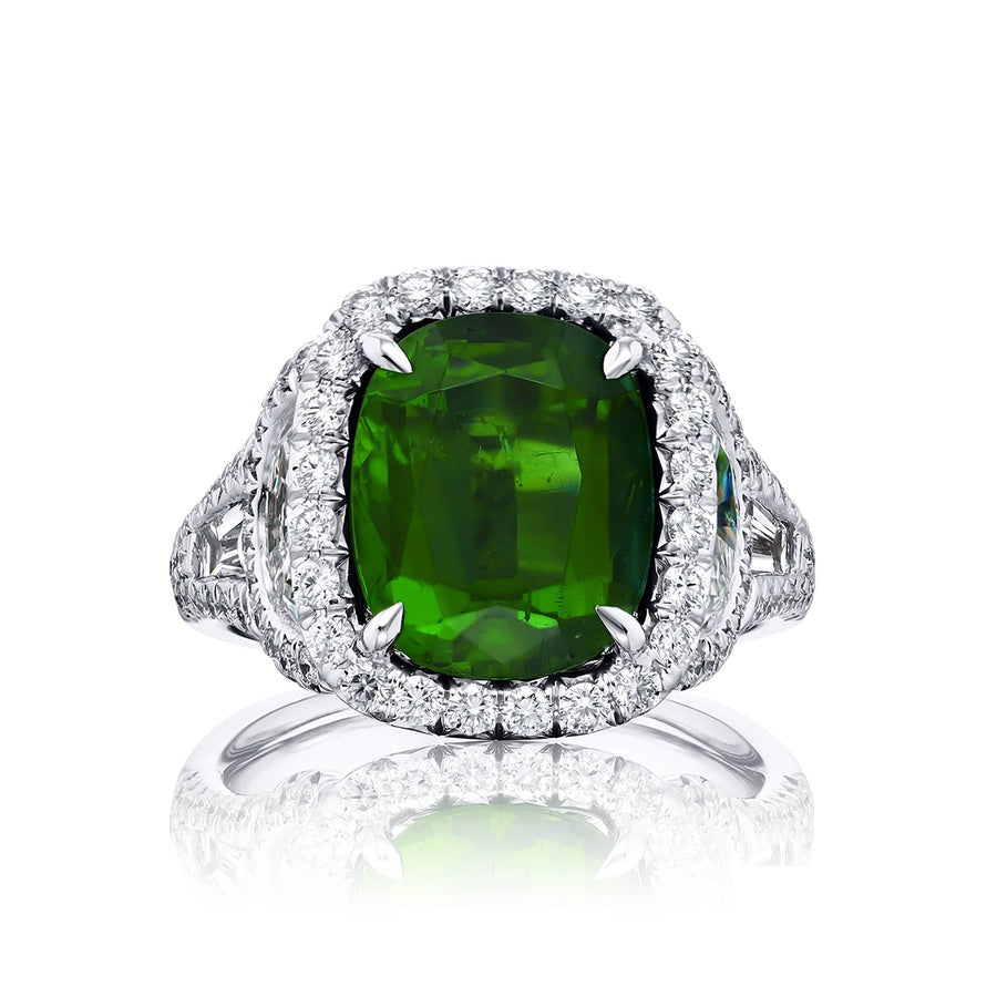 4.10 ct. Certified Sri Lankan Cushion-Cut Emerald with Tapered Baguette Half-Moon & Micro Pave Diamonds in Platinum