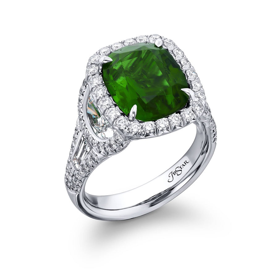 4.10 ct. Certified Sri Lankan Cushion-Cut Emerald with Tapered Baguette Half-Moon & Micro Pave Diamonds in Platinum