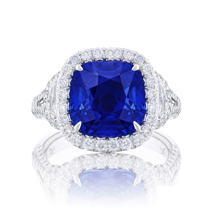 Platinum Cushion-Cut No-Heat Sapphire Certified Micro Pave Ring