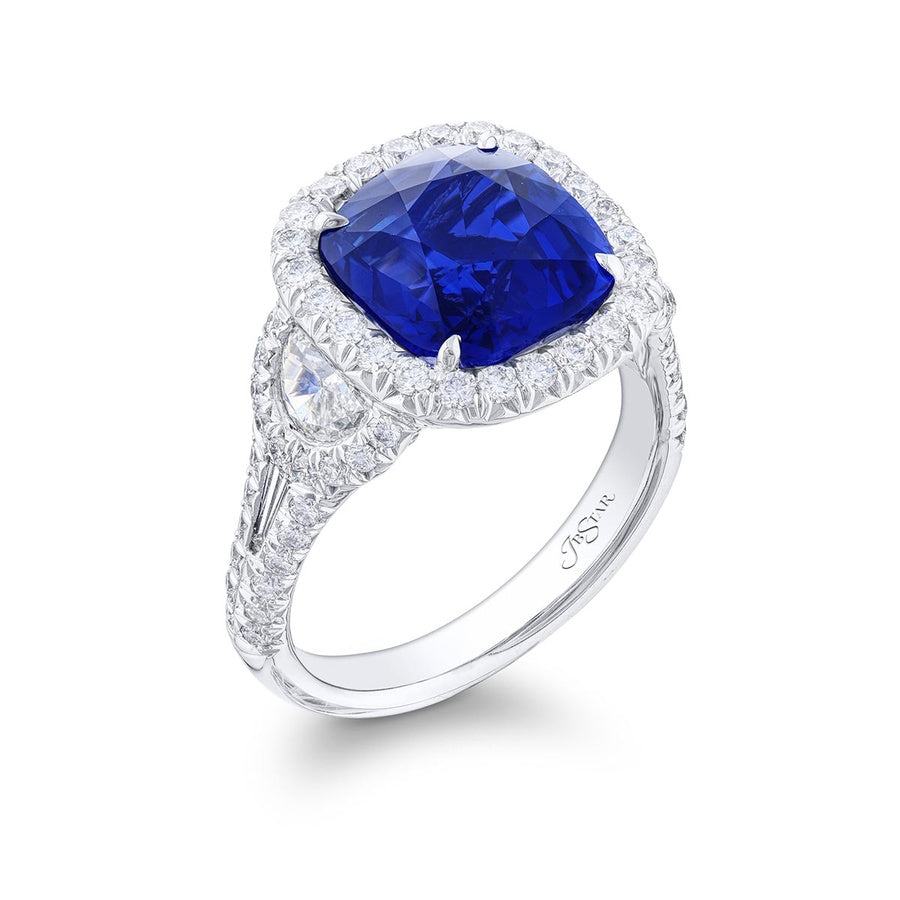 Platinum Cushion-Cut No-Heat Sapphire Certified Micro Pave Ring