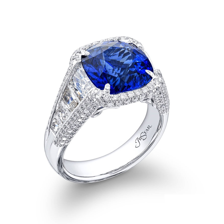 Platinum Cushion-Cut Sri Lankan Vivid Sapphire Certified Micro Pave Ring