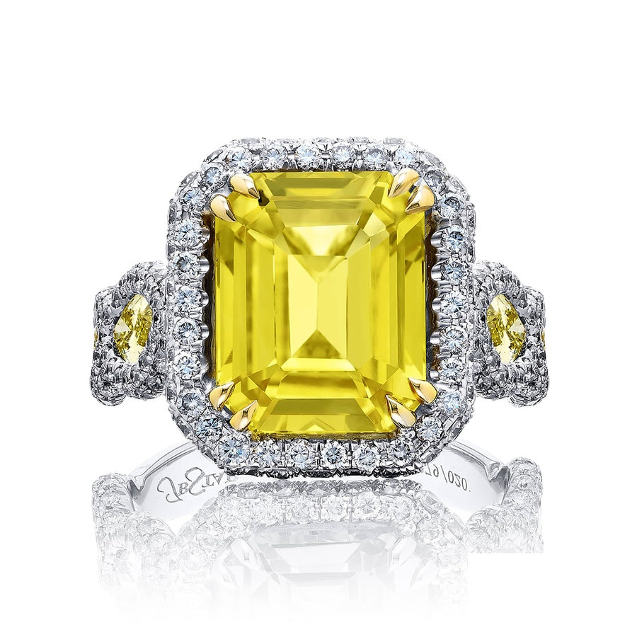 Platinum and 18K Yellow Gold Marquise Sri Lankan Yellow Sapphire Certified Micro Pave Ring