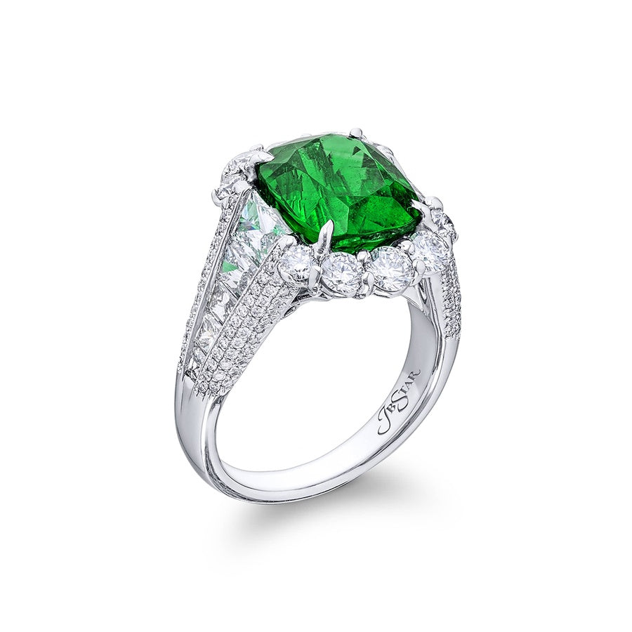 Platinum Cushion-Cut Vivid Emerald Certified Micro Pave Ring