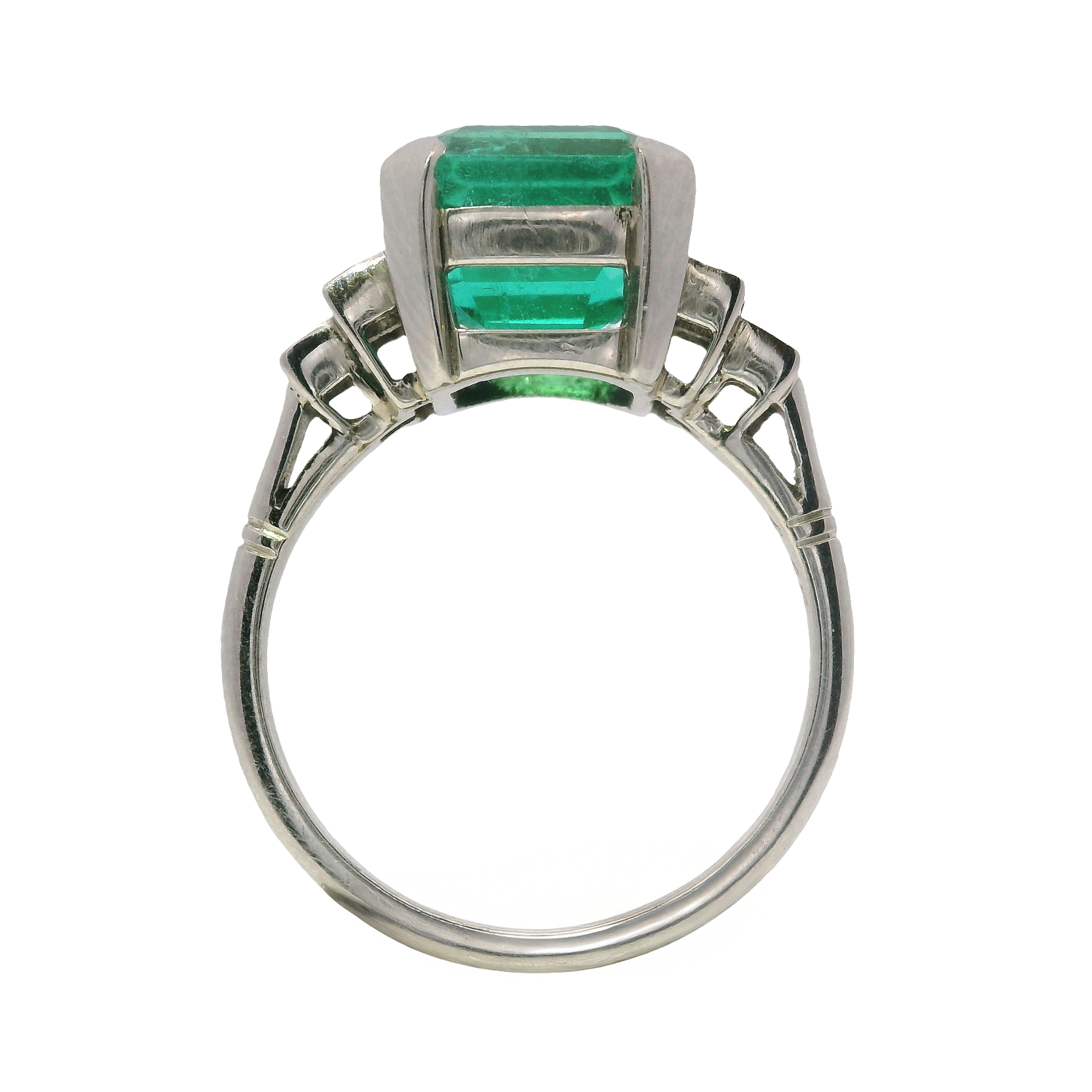 Vintage Asscher Colombian Emerald Ring with Diamond Side Stones