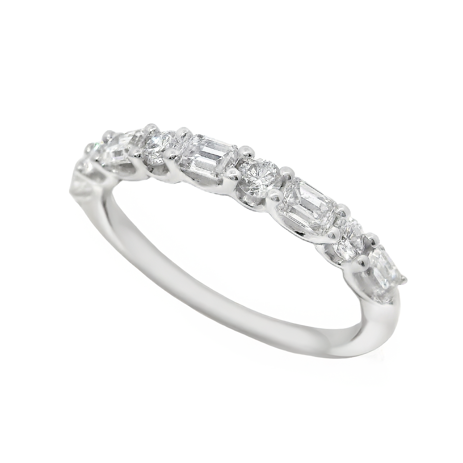 Alternating Four Round and Five Emerald Cut Diamonds Halfway Band