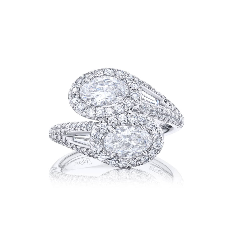Dazzling Brilliance: 1.42 ctw GIA Certified Twogether Diamond Micro Pave Ring Oval Diamonds with Tapered Baguette & Micro Pave Diamonds in Pure Platinum