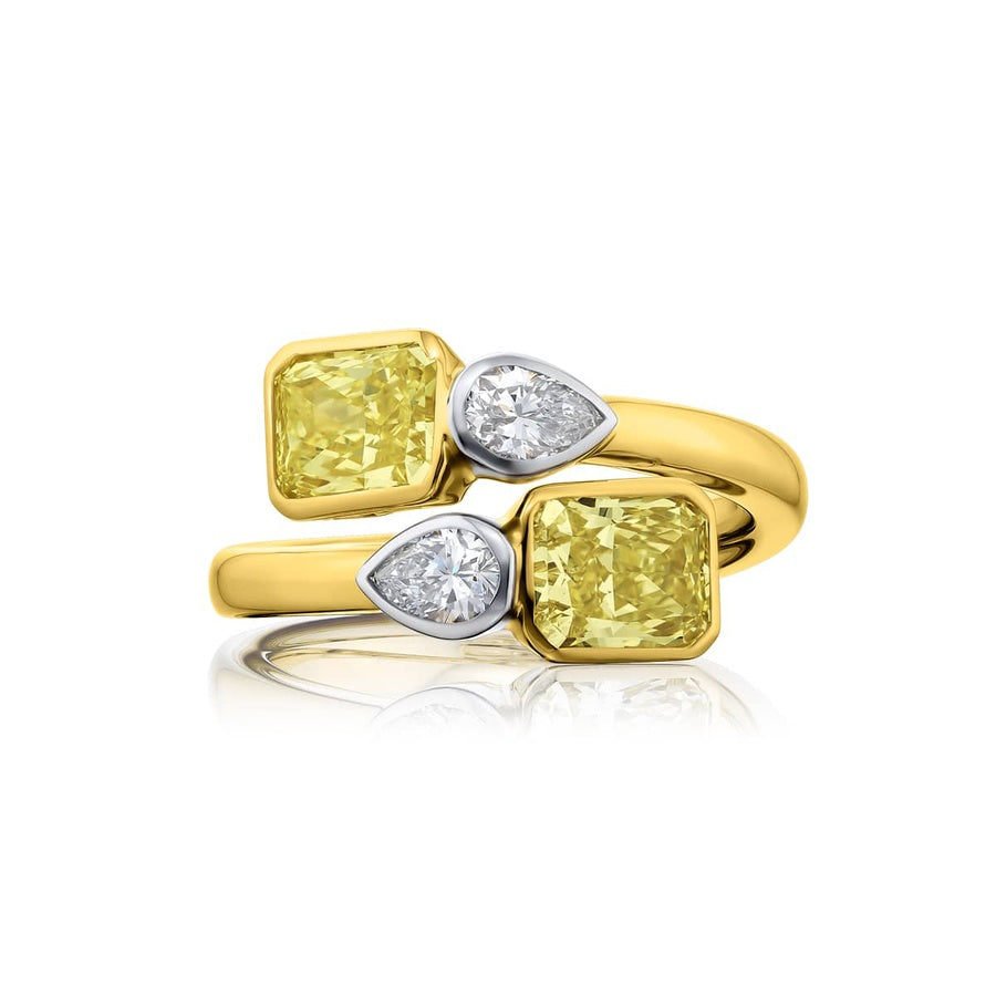 Dazzling Brilliance: GIA Certified Bezel Twogether Diamond Ring Radiant-Cut Fancy Yellow Diamonds with Pear-Shaped Accents in 18K Yellow Gold