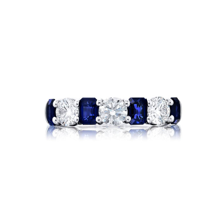Platinum Emerald-Cut Sapphire and Round Diamond Single-Row Band