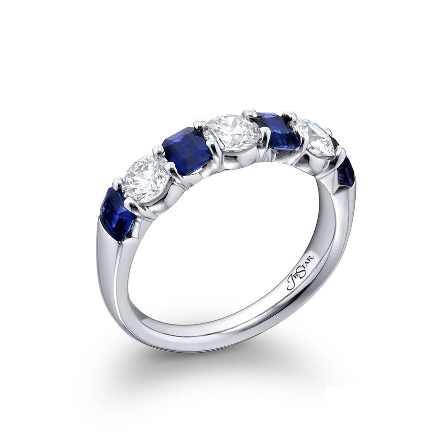 Platinum Emerald-Cut Sapphire and Round Diamond Single-Row Band