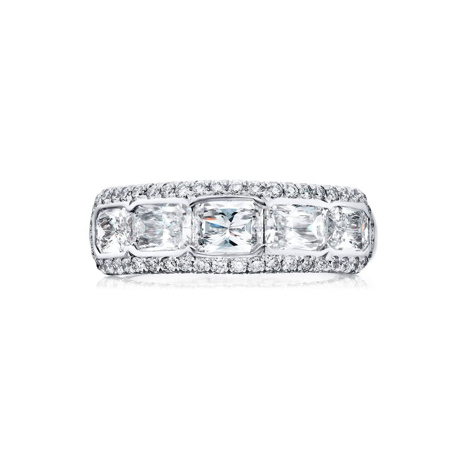 Platinum Radiant-Cut Diamond Single-Row Bezel Set Micro Pave East-West Band