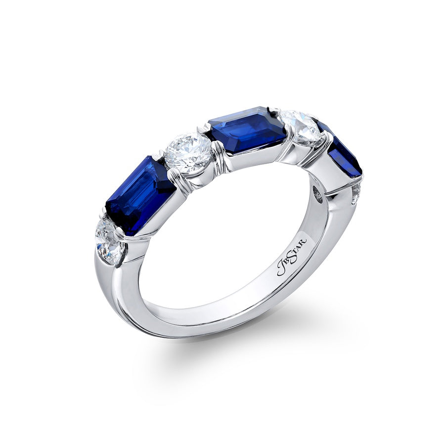 Platinum Emerald-Cut Sapphire and Round Diamond Single-Row East-West Band