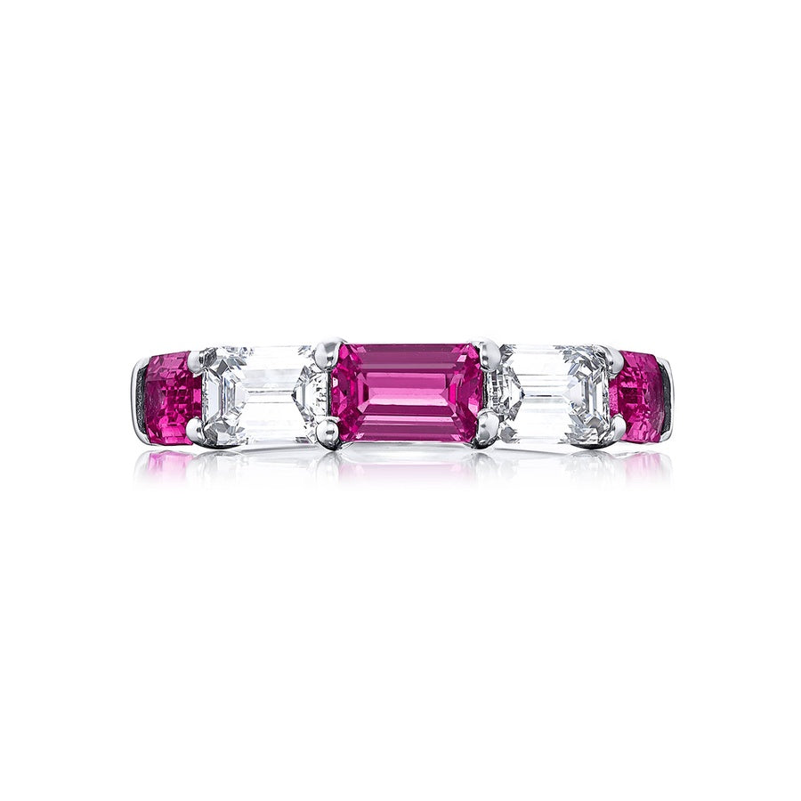 Platinum Emerald-Cut Pink Sapphire and Diamond Single-Row Band