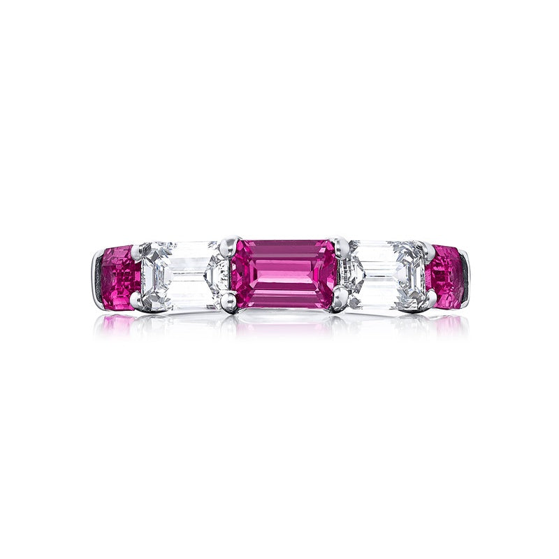 Platinum Emerald-Cut Pink Sapphire and Diamond Single-Row Band