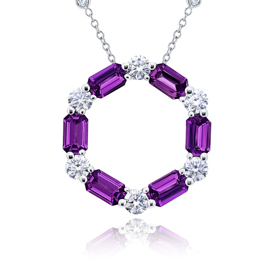 Platinum Emerald-Cut Purple Sapphire and Round Diamond Certified Circle Pendant