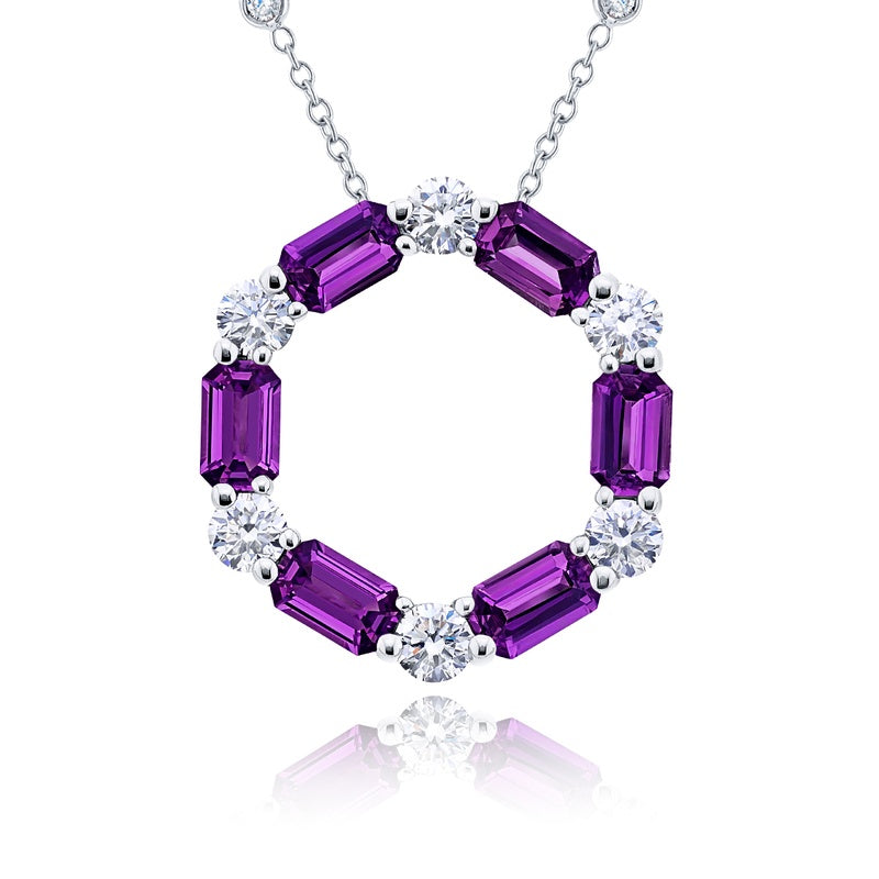 Platinum Emerald-Cut Purple Sapphire and Round Diamond Certified Circle Pendant