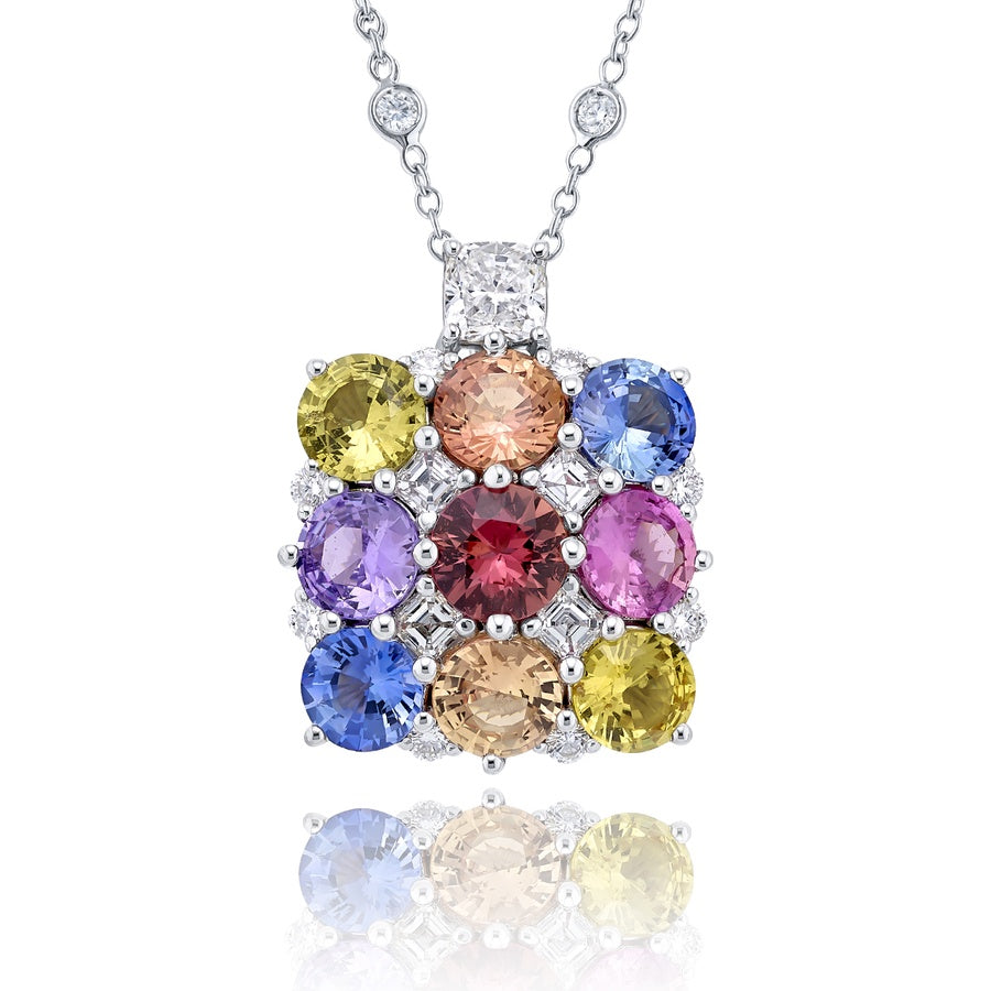 Platinum Round Multi-Color Sapphire and Diamond Pendant