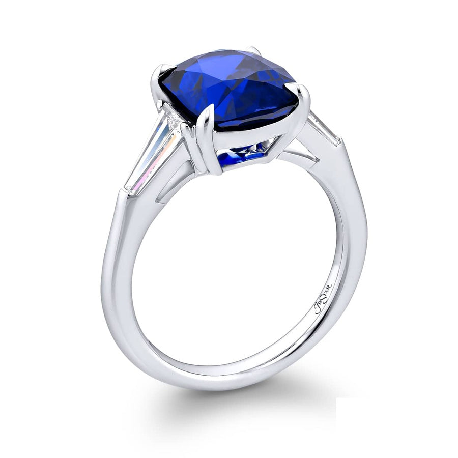 4.77 ct. Certified Vivid Cushion-Cut Sapphire & Tapered Baguette Diamond Ring in Platinum
