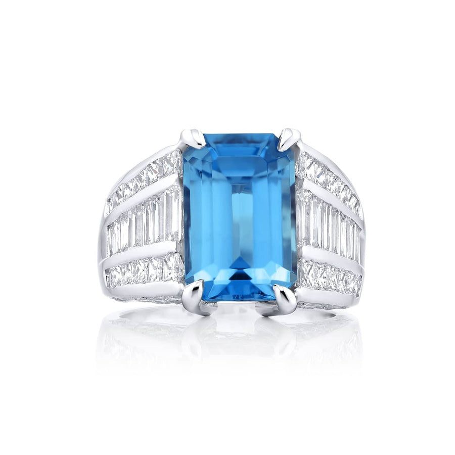 Platinum Emerald-Cut Aquamarine Micro Pave Ring