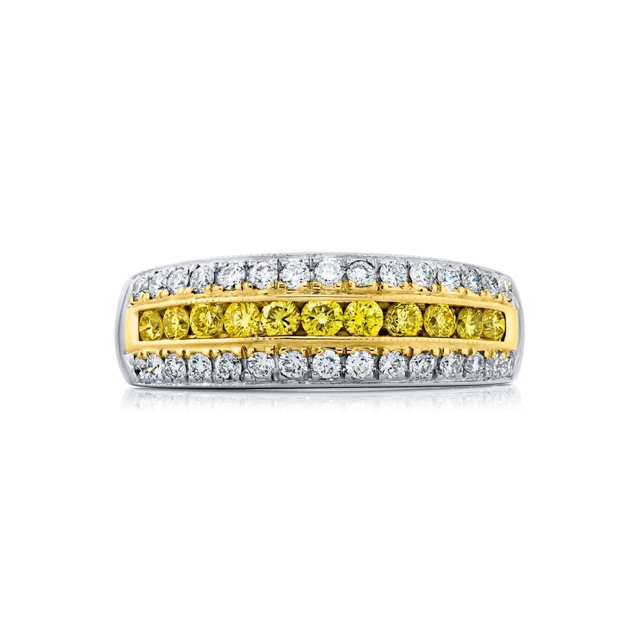 Platinum and 18K Yellow Gold Round Fancy Yellow Diamond Single-Row Micro Pave Band