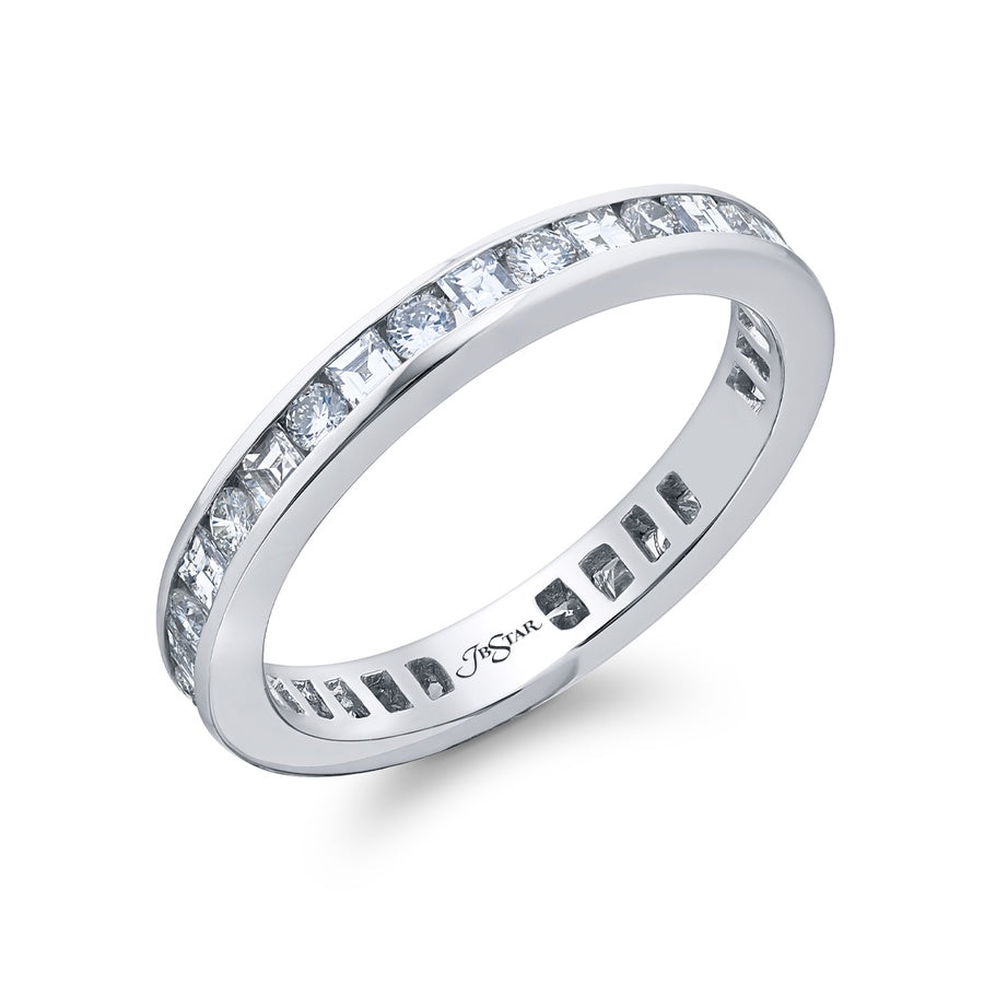 Platinum Square Emerald-Cut and Round Diamond Channel Set Eternity Band