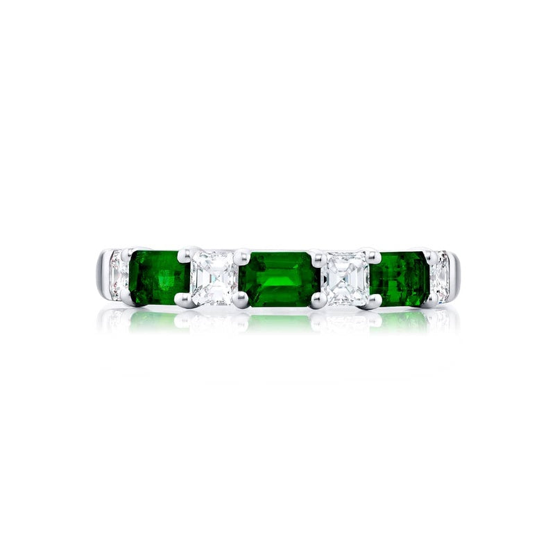 Platinum Emerald-Cut Emerald and Diamond East-West Band