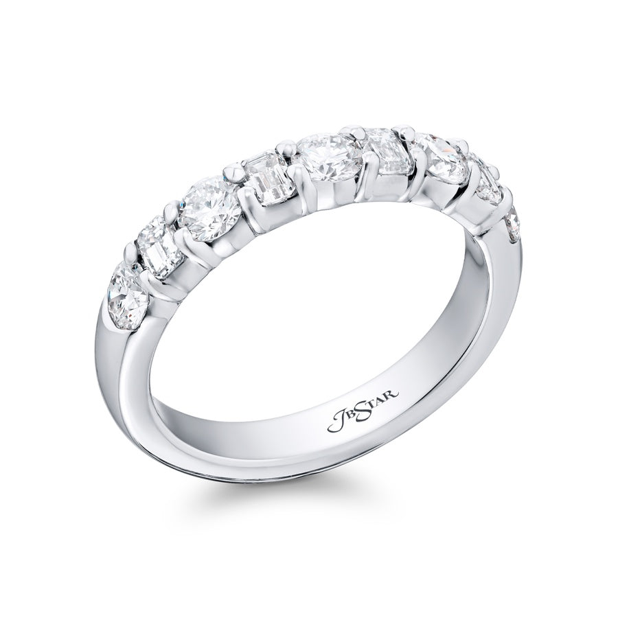 Platinum Emerald-Cut and Round Diamond Single-Row Band