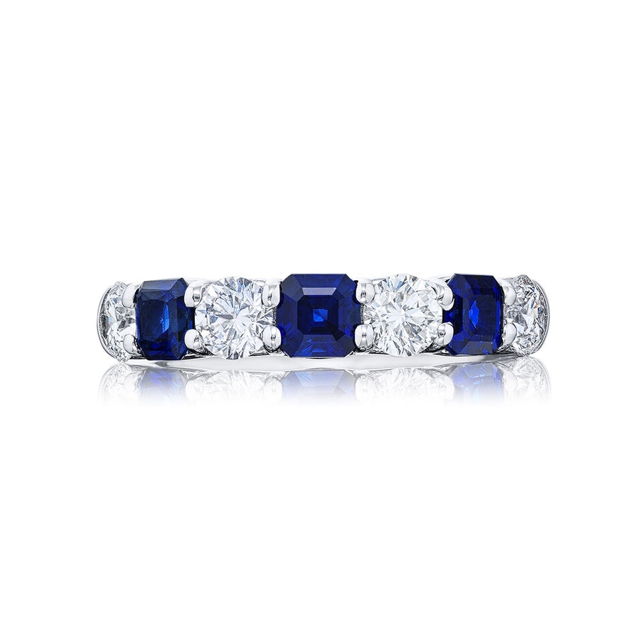 Platinum Square Emerald-Cut Sapphire and Round Diamond Single-Row Band