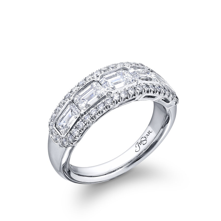 Platinum Emerald-Cut Diamond Single-Row Bezel Set Micro Pave East-West Band