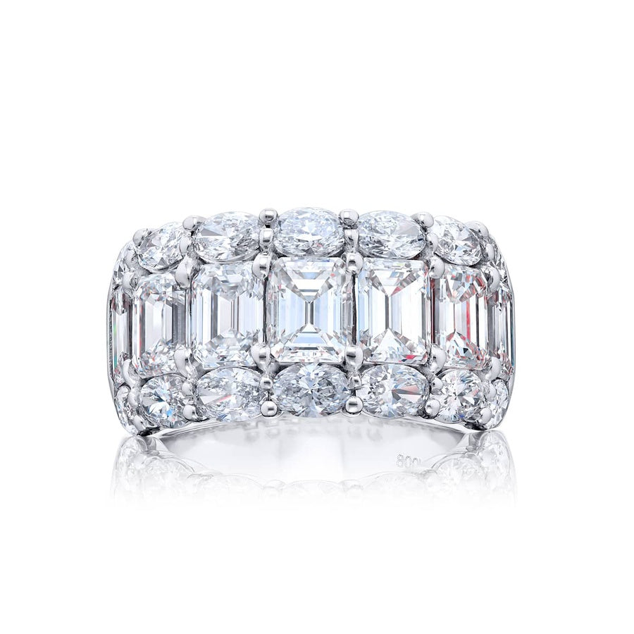 Platinum Emerald-Cut and Oval Diamond Three-Row Band