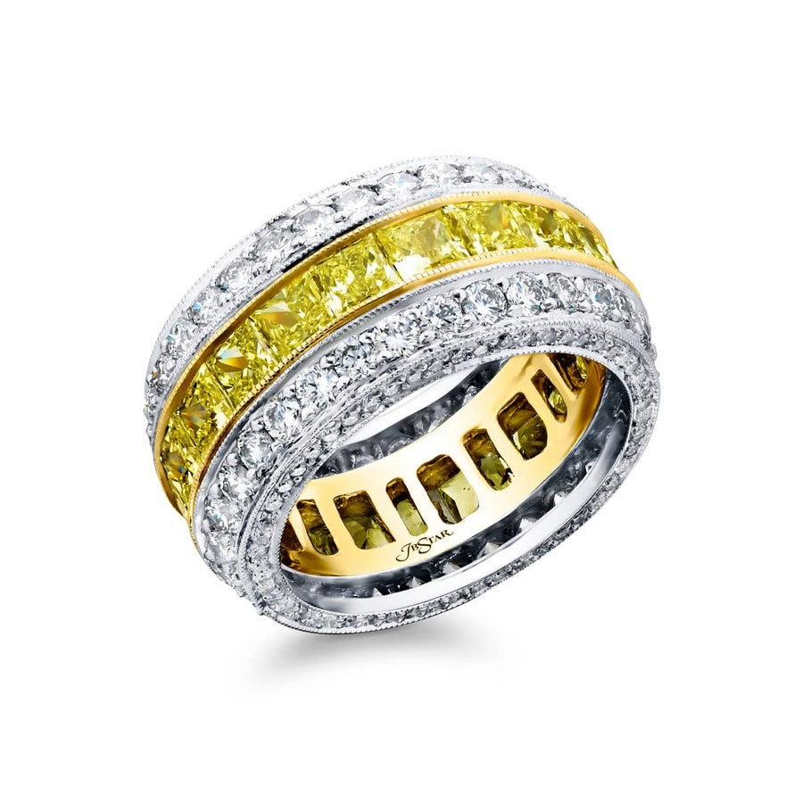 Platinum and 18K Yellow Gold Princess-Cut Fancy Yellow Diamond Micro Pave Eternity Band
