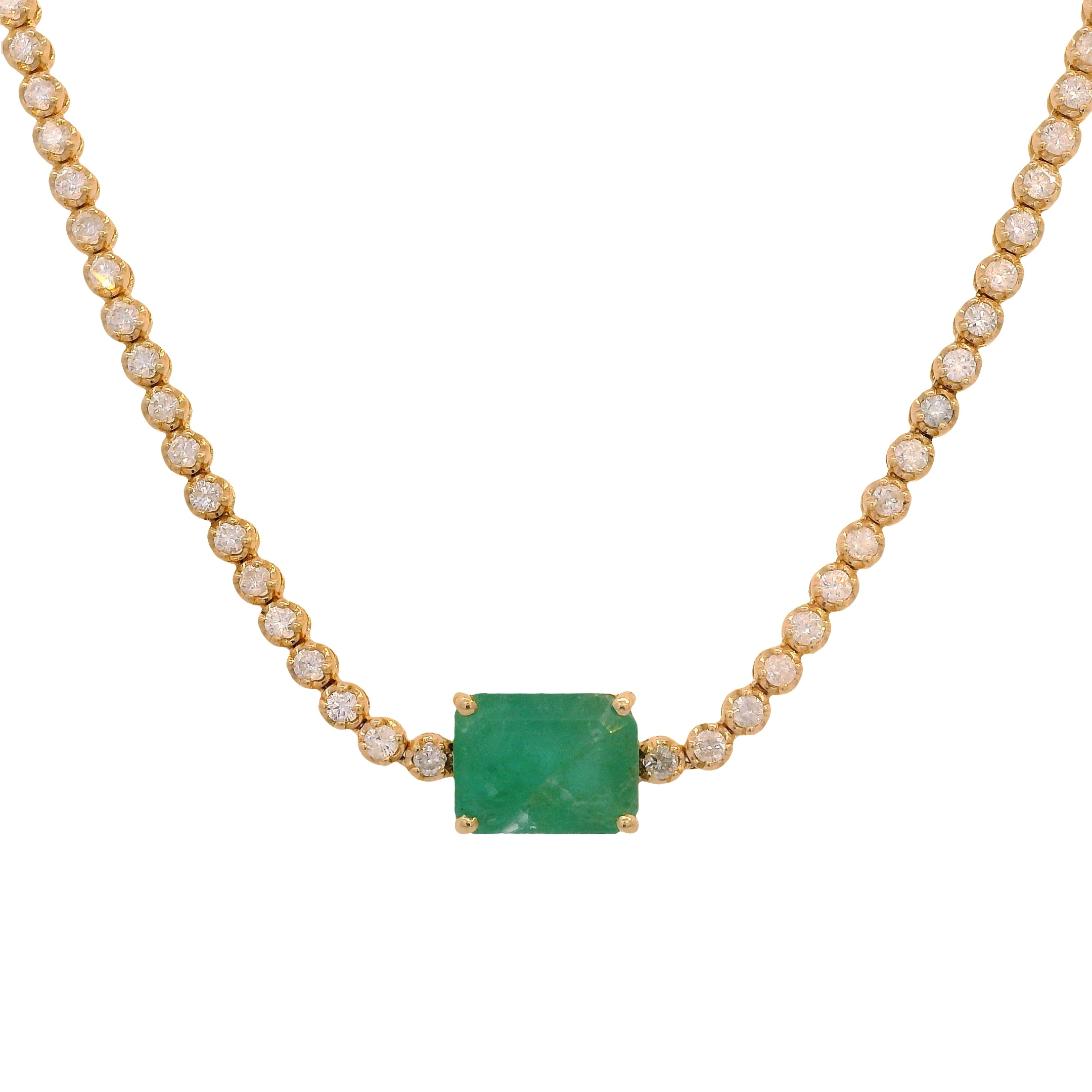 Half Crown Set Diamond Necklace with East-West Emerald Center on Paperclip Chain