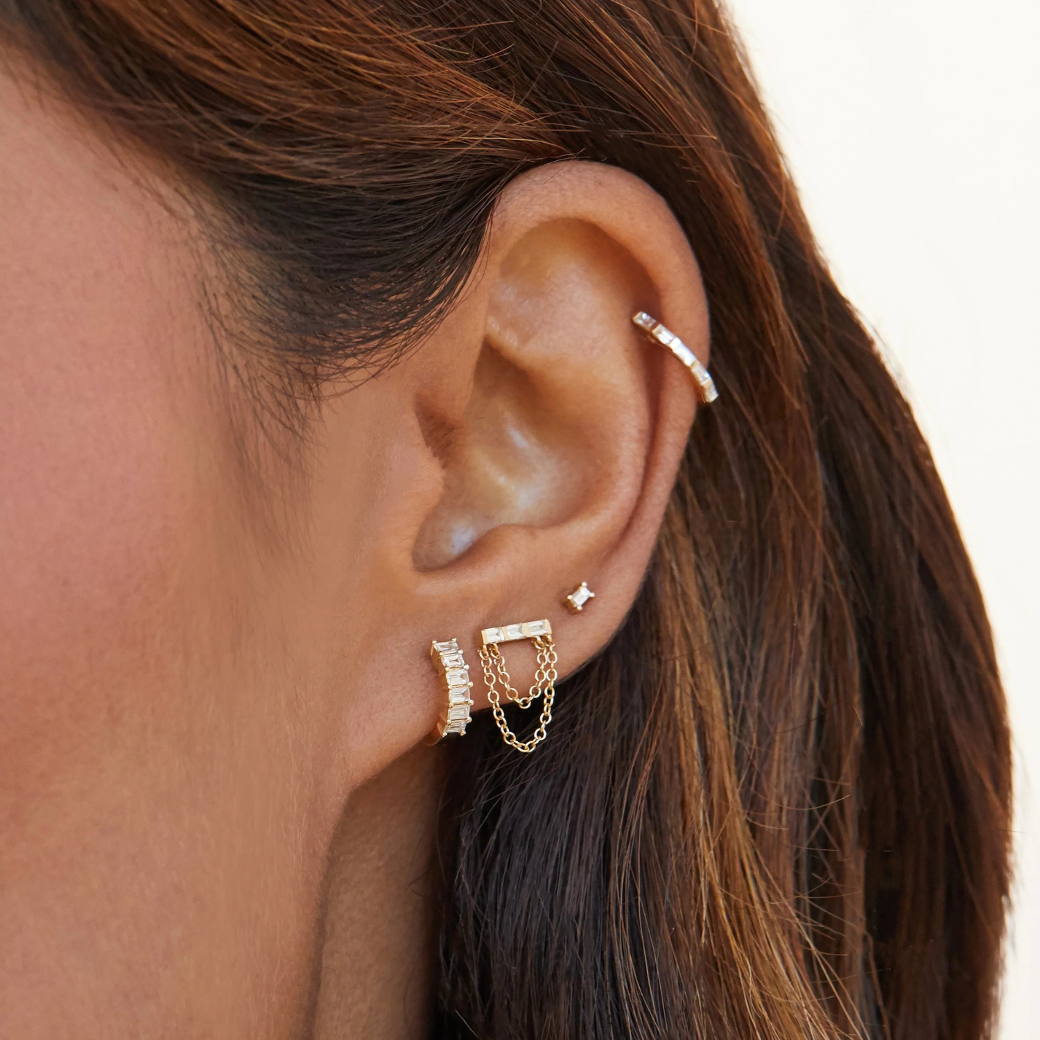 Diamond Baguette Bar Chain Stud Earrings