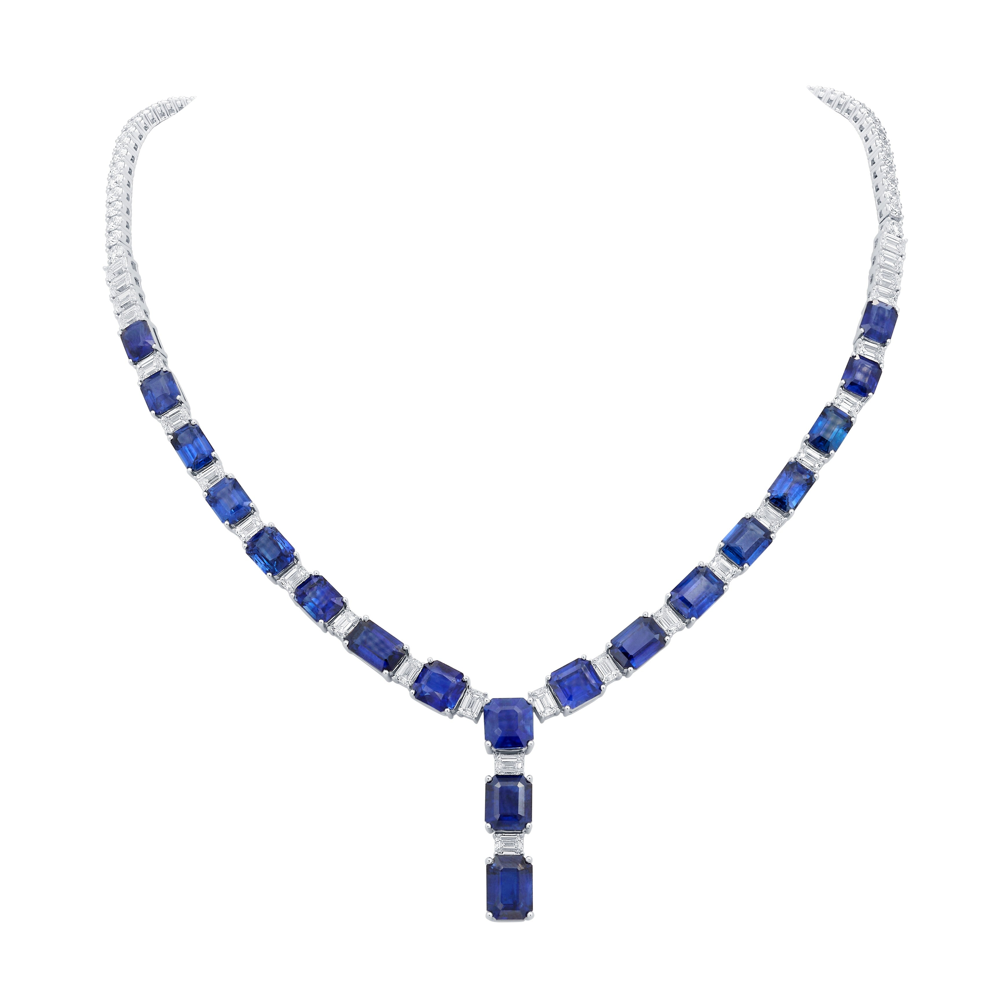 Emerald Cut Sapphire and Diamond Drop Necklace